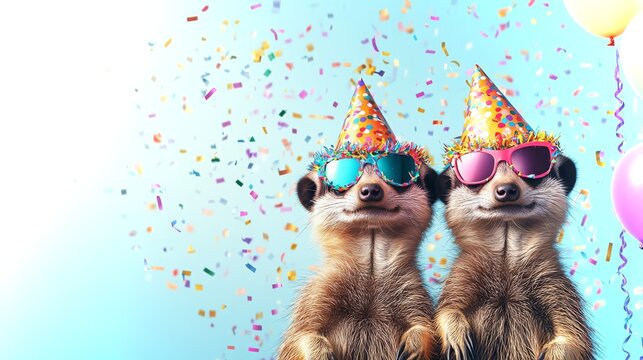 Meerkats celebrate with party hats and sunglasses in a festive environment