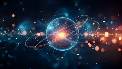 Abstract background with a glowing planet and energy sphere in space, a futuristic concept of science or technology