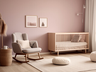 Modern minimalist japandi and scandinavian style nursery interior with pink walls, crib, armchair and artwork on the wall. Cozy modern nursery interior. Minimalist childs room design