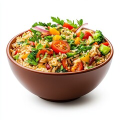 A delicious and colorful Rice Salad bowl featuring fresh vegetables and grains, perfect for healthy meals and vibrant presentations.