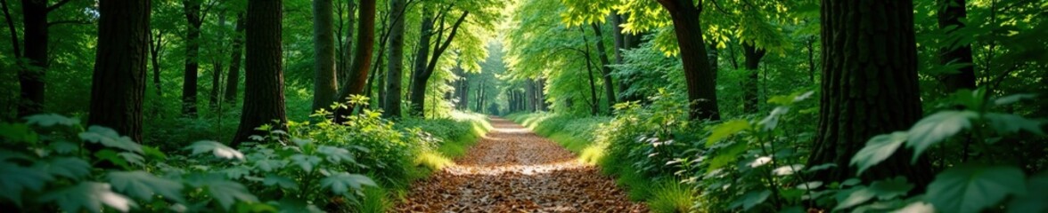 Obraz premium Dense foliage surrounds a winding forest path, natural light, branches, trees