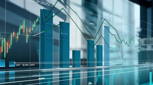 Dynamic visualization displays financial data trends through graphs and charts highlighting market analysis and trading performance