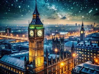 Fototapeta premium Vintage Snowy Night Big Ben Clock Tower Illuminated
