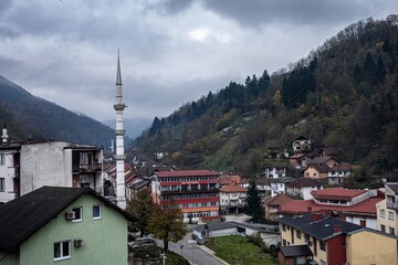 Srebrenica aerial take in the autumn. Mosques and green valley. Balkan wars