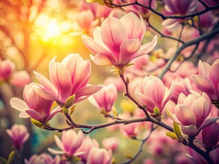 Obraz premium Vintage Spring Magnolia Bloom: Pink Flowers Swaying in Gentle Breeze