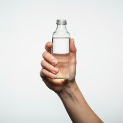 Hand holding glass bottle white background