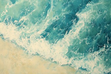 Ocean waves crashing on sandy shore, painted texture.