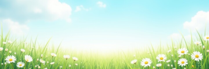 Obraz premium A serene landscape featuring vibrant green grass and blooming daisies under a bright blue sky, perfect for nature-themed projects, banners, or wellness content.