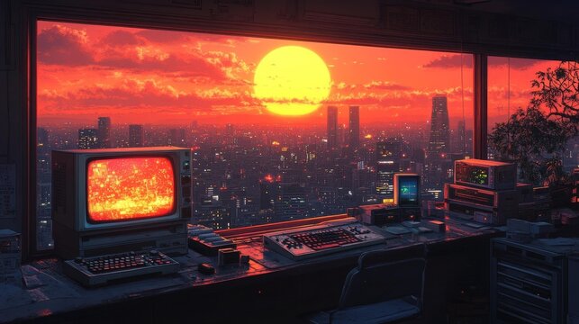 Retro Sunset Cityscape with 8-Bit Gaming Aesthetic. Generative AI - Powered by Adobe