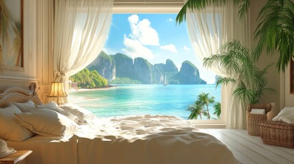Obraz premium Luxury Beachfront Bedroom with Stunning Ocean View