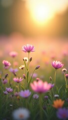 Fototapeta premium A serene landscape featuring vibrant flowers bathed in golden sunlight, perfect for backgrounds, wellness themes, or seasonal promotions.