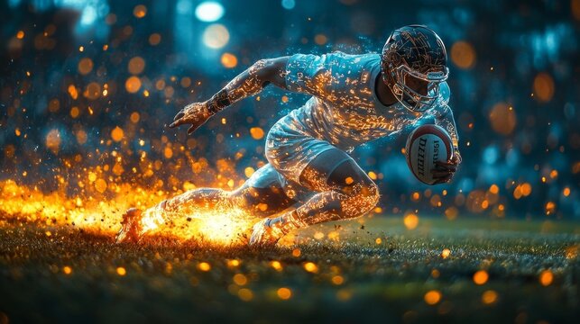 Futuristic Rugby Tackle with Digital Data Effects. Generative AI