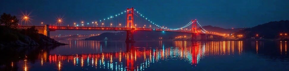 Naklejka premium Glowing bridge lights reflected in the calm river surface at night, reflective, glow