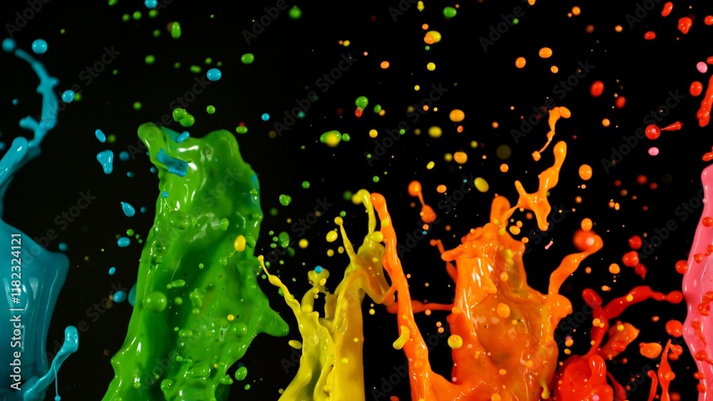 Poster Acrylic colors splashing on black background. Abstract colored spectrum background.