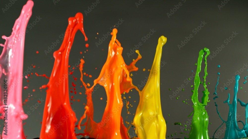 Poster acrylic colors splashing on black background. abstract colored spectrum background.