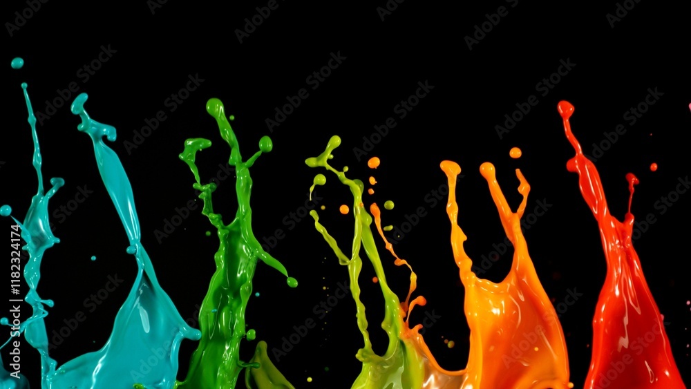 Poster acrylic colors splashing on black background. abstract colored spectrum background.