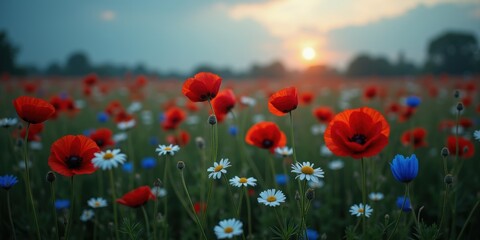 Fototapeta premium A serene sunset over a vibrant field of red poppies and wildflowers, creating a picturesque scene perfect for nature-themed projects.