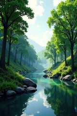 Obraz premium Majestic riverbank lined with tall trees and shrubs, trees, banks, rivers