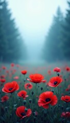 Obraz premium A serene field of vibrant red poppies surrounded by misty green trees, perfect for conveying tranquility and natural beauty in various creative projects.