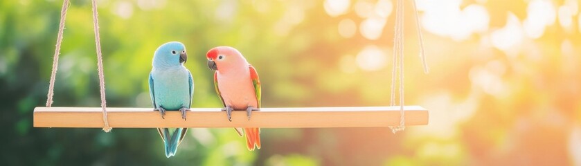 Colorful Lovebirds on a Swing in a Lush Garden Setting, Capturing the Essence of Springtime Joy and Playfulness with Soft Bokeh Background Lights Shimmering in Warm Tones