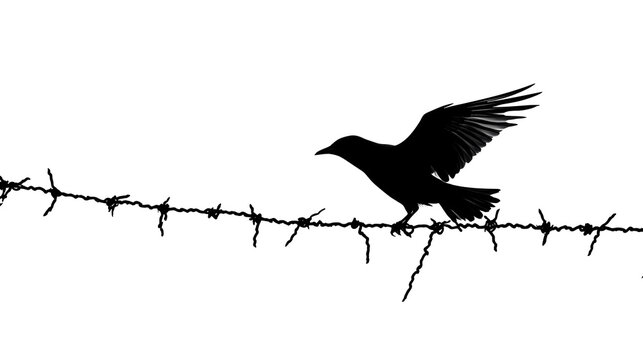 black silhouette of crow sitting on barbed wire isolated png transparent background