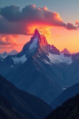 Mountain peaks meet the sky at sunset with a warm orange glow, landscape, peak