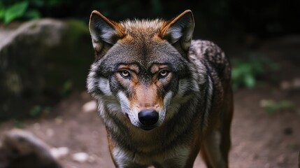 Obraz premium A close-up of a wolf showcasing its intense gaze and natural habitat.