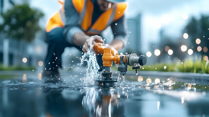 A faulty water meter spraying water, with a technician in a safety vest adjusting valves and inspecting the damage. Urban setting in the background