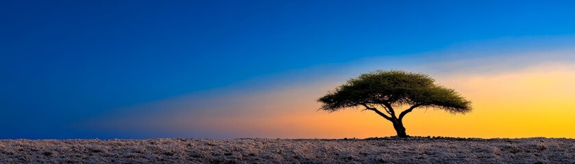 Obraz premium Solitary Tree Silhouette at Sunset: A single tree stands tall against a breathtaking sunset, its silhouette a testament to resilience and strength.