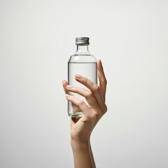 Hand holding glass bottle white background