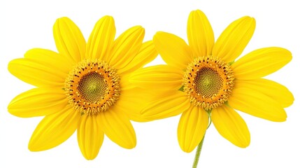 Fototapeta premium Two vibrant yellow daisy-like flowers isolated on white. Perfect for nature-themed designs or adding a touch of sunshine.