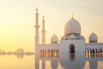 Ramadan Majestic Grand Mosque at Sunrise Stunning Architectural Detail Peaceful Reflection