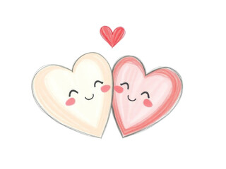 simple pencil drawing of two cartoon hearts with cute facial expressions are standing close to each other on white background, affectionate and romantic theme