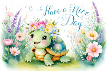 Naklejka premium hand drawn watercolor art featuring a cheerful turtle wearing a floral wreath, with vibrant flowers and text 