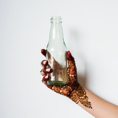 Hand holding glass bottle white background