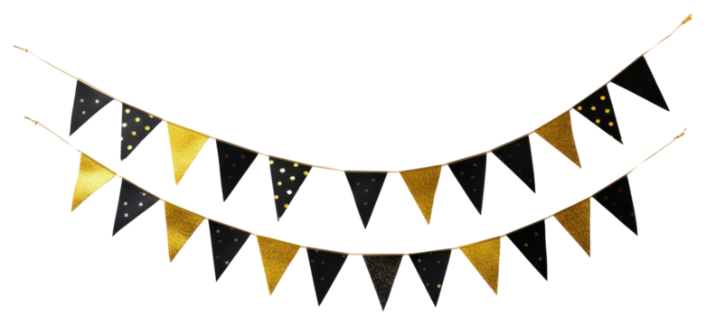 PNG Black and gold festival party bunting flags celebration triangular.