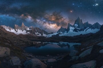 Obraz premium Night sky over the majestic mountains with a reflecting lake in the foreground and stars illuminating the scene