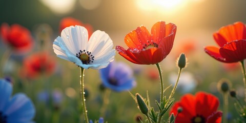 Obraz premium Vibrant wildflower meadow at sunrise, showcasing a mix of colorful blossoms. Ideal for nature, wellness, or seasonal marketing materials.