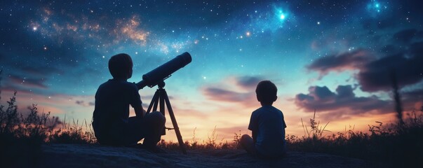 Children Stargazing Under a Night Sky Filled With Stars and Wonder