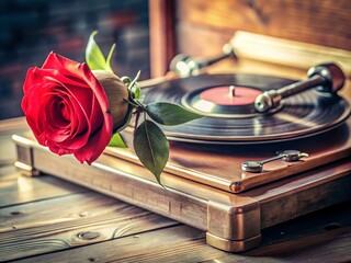 Obraz premium Vintage Turntable & Rose on Music Sheet - Minimalist Still Life Stock Photo