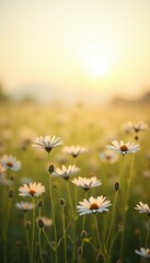 Fototapeta premium A serene field of daisies bathed in warm sunlight, perfect for evoking feelings of peace and harmony in nature-themed projects.