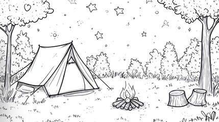 Night camping scene, tent, campfire, forest, stars, coloring page