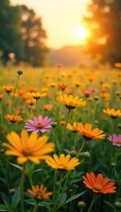 Fototapeta premium Soft morning light falls on a field of blooming wildflowers, sunrise, meadow, yellow