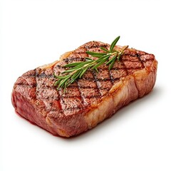 A perfectly grilled Wagyu Striploin Steak garnished with rosemary, showcasing mouthwatering texture and flavor. Ideal for culinary presentations.