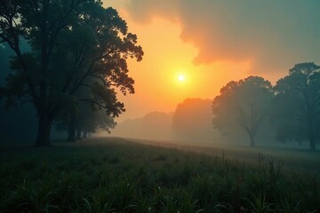 The sun's warm rays illuminating a foggy forest with misty foliage, landscape, overcast