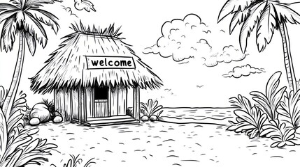 Tropical beach hut welcome sign, ocean background, vacation illustration