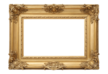 Ornate Gold Picture Frame Isolated On Transparent  Background - A detailed gold frame with intricate decorative carvings, featuring a blank white center, perfect for art or photography display.
