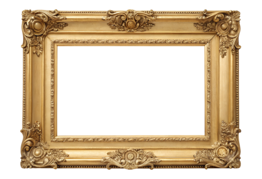 Ornate Gold Picture Frame Isolated On Transparent  Background - A detailed gold frame with intricate decorative carvings, featuring a blank white center, perfect for art or photography display.
