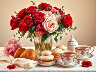 Valentine's Morning Tea Elegant Arrangement - Vibrant AI Photo