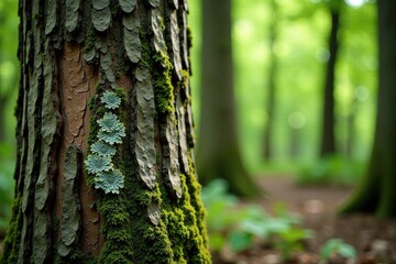Obraz premium Weathered tree trunk with lichen and moss details, forest decor, vegetation